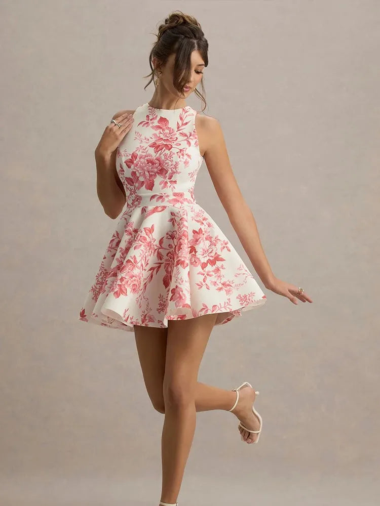 Tank A-Line Mini Dress For Women Fashion Sexy Streetwear Floral Printed Sleeveless Halter Neck Backless Lace-up Vestidos Female