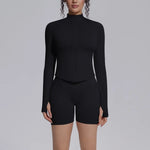 Women's Seamless Yoga Sets Sports Fitness Gym Zipper Long-Sleeve Jacket Hip Lift High-Waist Shorts Suits Workout Training Sets
