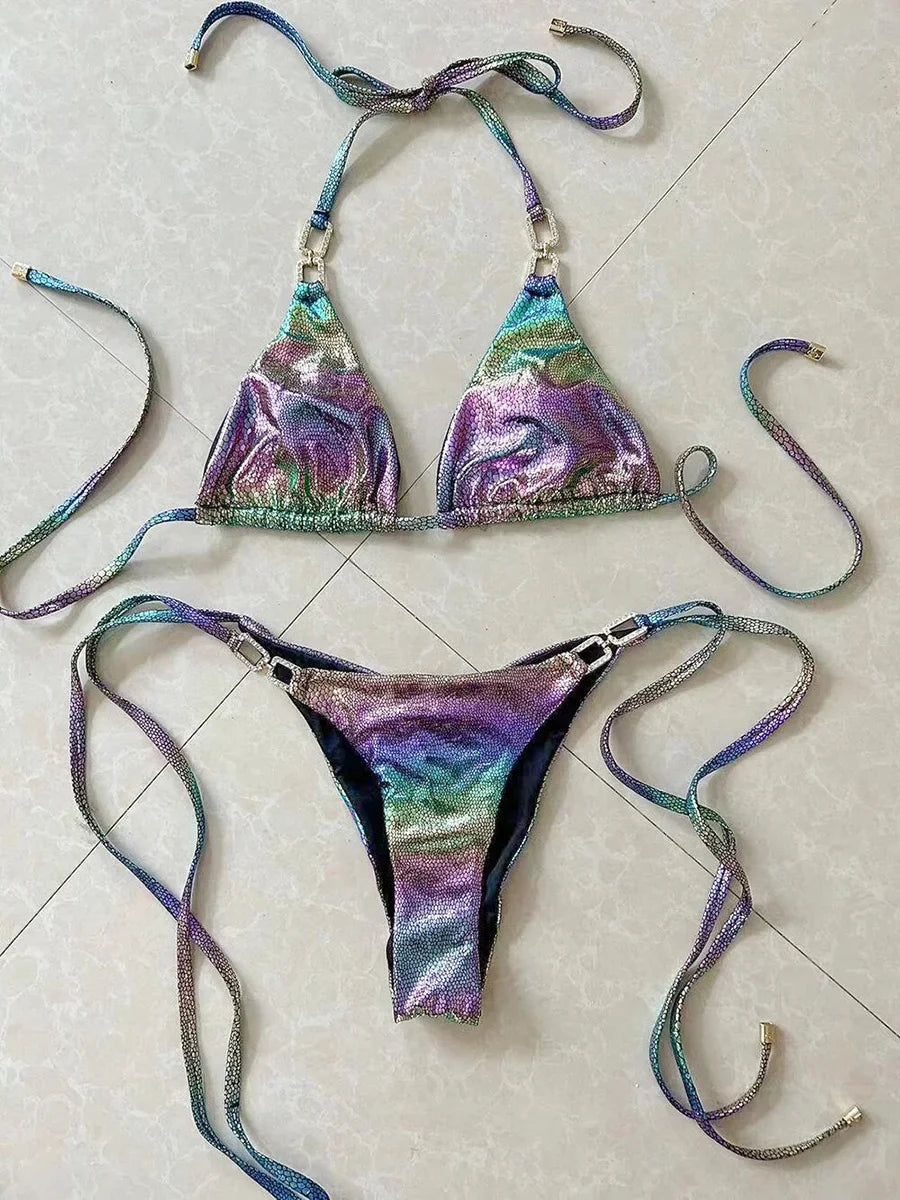 2025 Shiny Halter Rhinestone Diamond Bikini Female Swimsuit Women Swimwear Two-pieces Bikini Set Micro Strappy Bathing Suit Swim