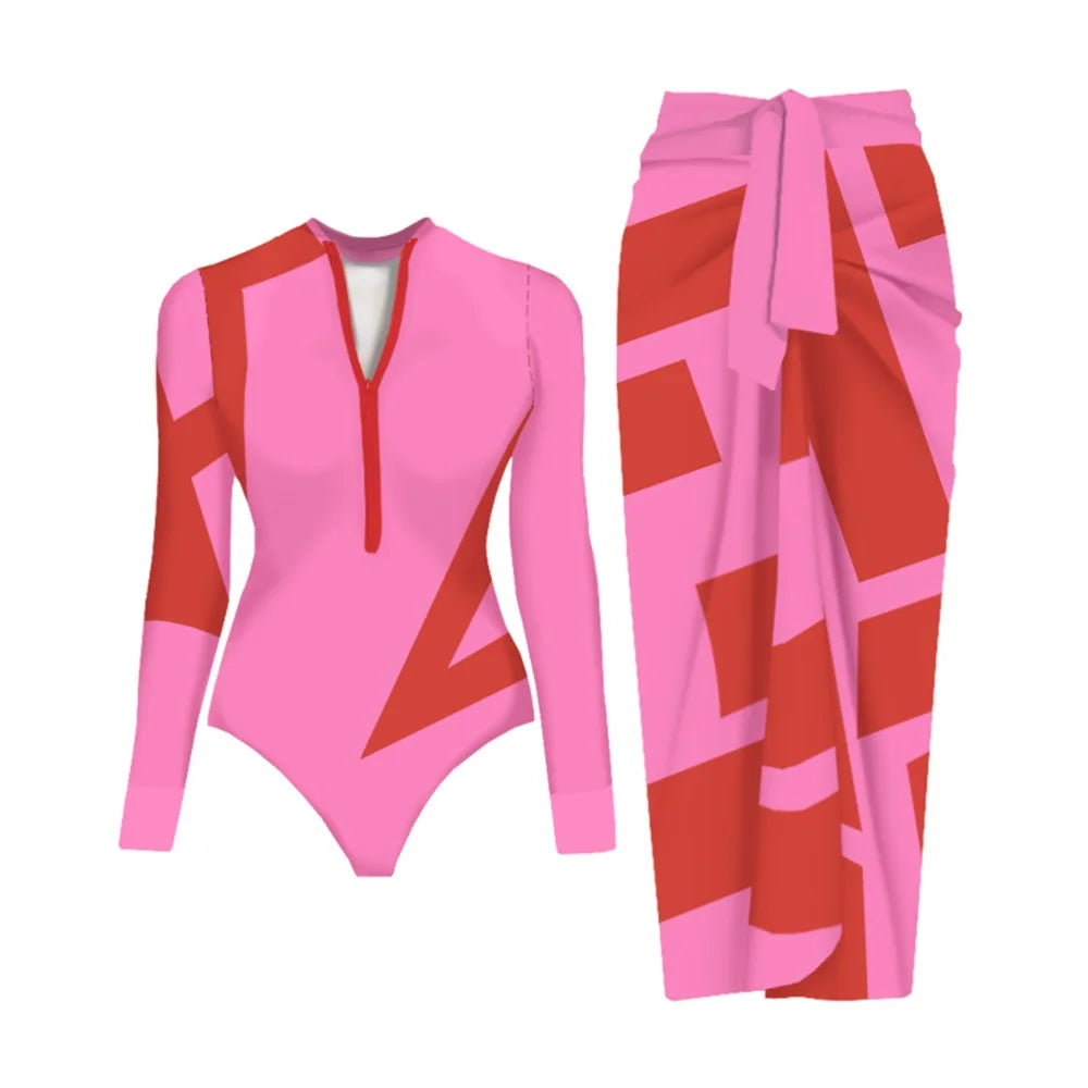 Black And Printed Long Sleeve Swimsuit With Cover Up Sexy Swimwear Women Surf Swim Suit Slimming Bathingsuit Bodysuit Beachwear