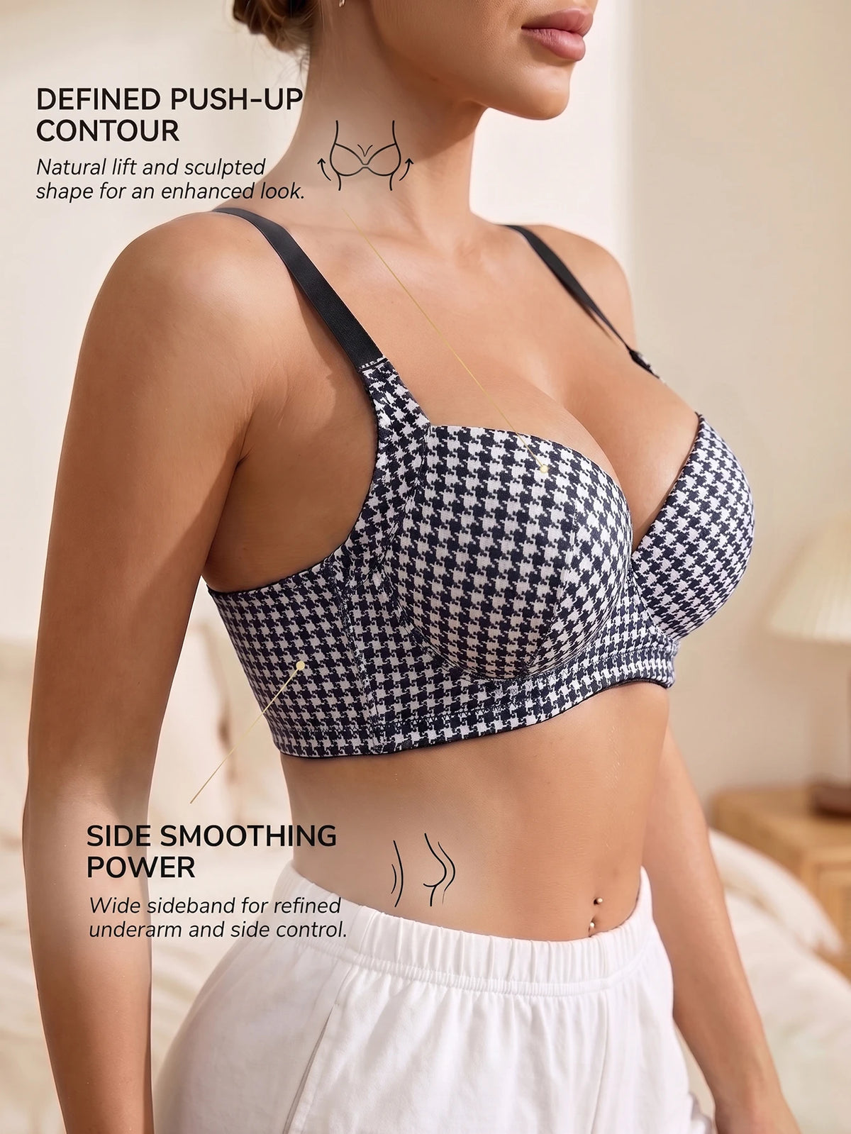 Women's Plaid Push-Up Bra Wide Straps Seamless Smoothing Underwear Underwire Side Support Adjustable Bra for Daily Wear