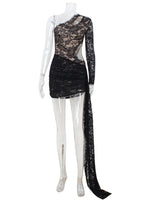 Ahagaga Sexy Sheer Women's Mini Dresses Lace Solid Sheath Long Sleeves One Shoulder Ribbon Sheath Slim Fit Streetwear Vestidos