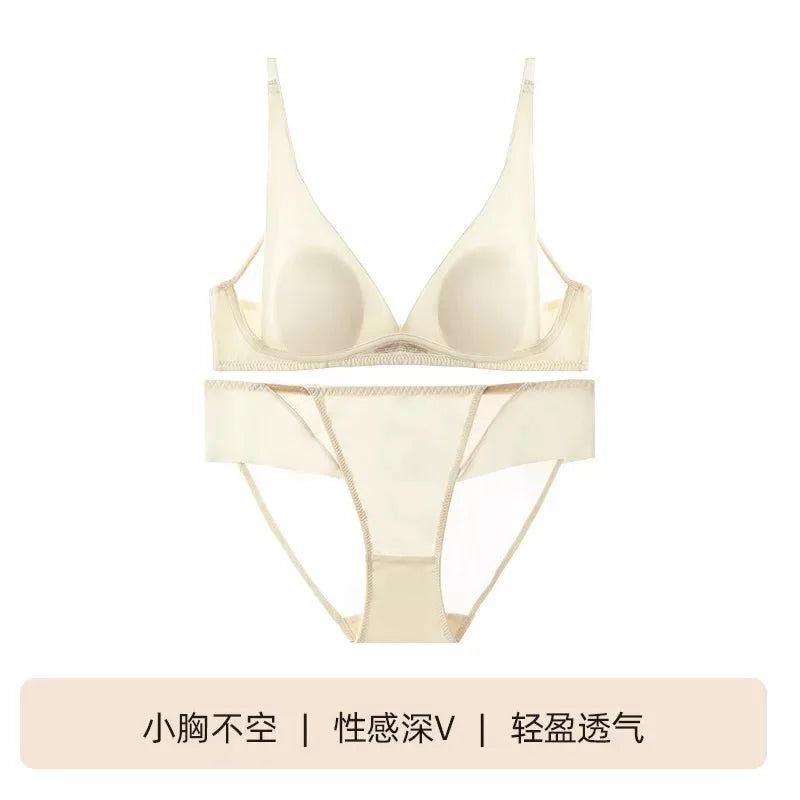 French Triangle Bra Rabbit Ear Cup, Deep V Wireless Bralette for Small Bust, No Gap Sexy Lingerie Set, Breathable Summer Thin