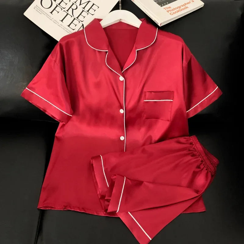 Sweet Simple Ice Silk Pajamas for WomenThin Short-sleeved Home Clothes Suit Nightwear Women's Pajamas Set Nightie Summer