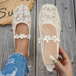 BigSize 43 Breathable White Lace Mary Jane Flats Women Comfy Walk Square Toe Casual Office Lady Ballet Flats Shoes Daily Wear