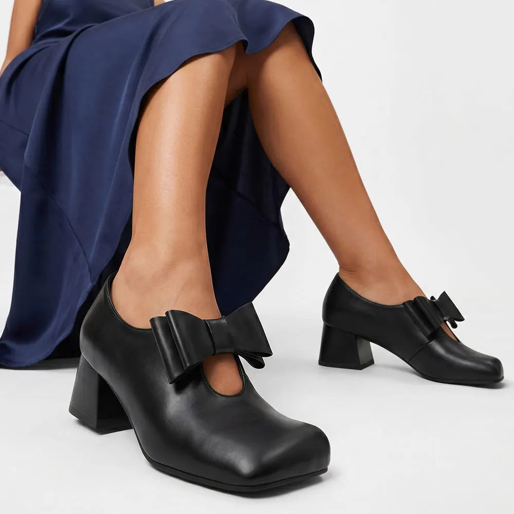 Plus Size 52 Soft Faux Leather Mary Jane Heels Pumps Big Bow Square Toe 5cm Chunky Block Heel Vintage Office Dress Shoes Women