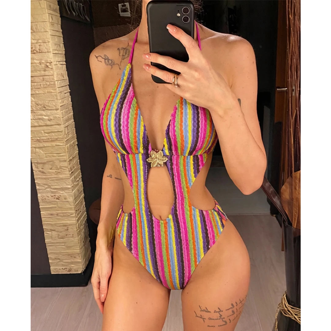 Striped Colorful Halter Cut Out One Piece Swimsuit Women Swimwear Female Monokini High Leg Cut Bather Bathing Suit Swim V8304