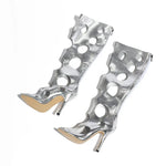 Big Size 43 Sexy Black Hollow Out Summer Boots Women White Thin High Heels Knee High Boots Stiletto Zip-up Peep Toe Party Shoes