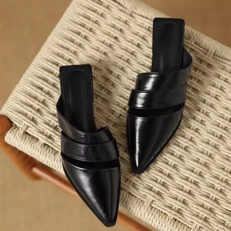 2026 New French Chunky Heel Pointed Toe Mule Slippers Women Fashion Spring Summer Retro Shoes Scuff Slippers