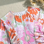 Pink Floral Print Surf Swimwear Women Front Zipper Long Sleeve Sunscreen Holiday One Piece Swimsuit Bathing Suit Monokini 2026