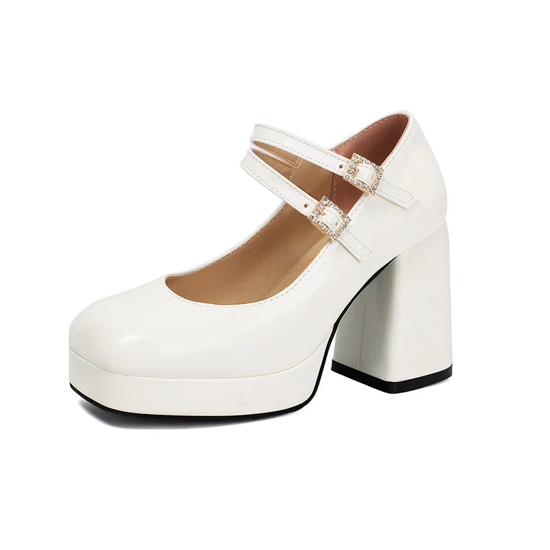 Women Silver Metallic Platform Mary Jane Shoes Double Rhinestone Buckle Chunky Block High Heels Y2K Vintage Square Toe Pumps