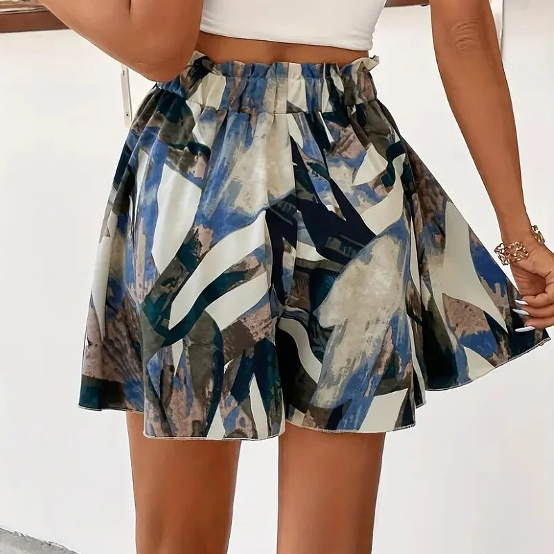 Print Loose Wide Leg Shorts for Women Shorts Summer Casual Elastic Waistband A-Line Shorts Chic Ladies Holiday Beach Shorts