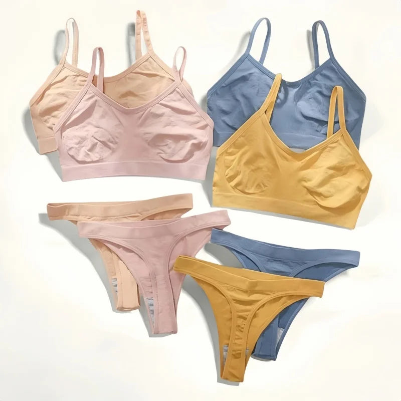 Women Seamless Bra And Panties Set Low Waist Thongs Female Comfort Non-wire Brassiere Sports Ribbed Underwear Set Sexy Lingerie