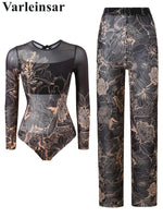 S - XXL New Printed Long Sleeve With Pants Women Swimwear One Piece Swimsuit Female Floral Padded Bather Bathing Suit Swim V7176
