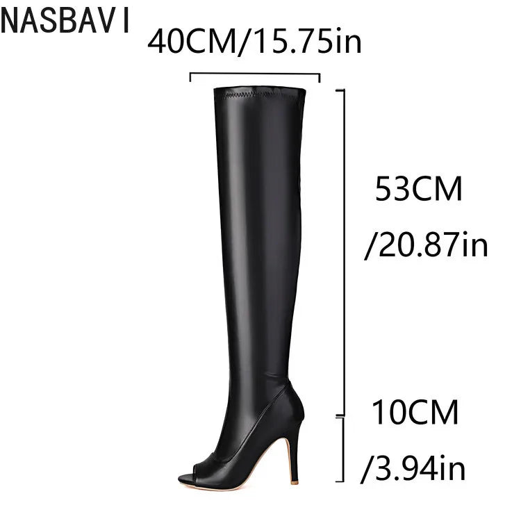 NASBAVI Super High Slim Heel Peep Toe Hollowed Boots Zipper Elastic Boots Leopard Print Flock Material Over The Knee Boots 35-48