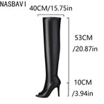 NASBAVI Super High Slim Heel Peep Toe Hollowed Boots Zipper Elastic Boots Leopard Print Flock Material Over The Knee Boots 35-48