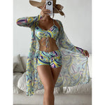 2025 Three Pieces Bikini Set Cover Up Swimwear Women Swimsuit Print Long Sleeve Push Up Bathing Suit Beachwear Swimming Biquini