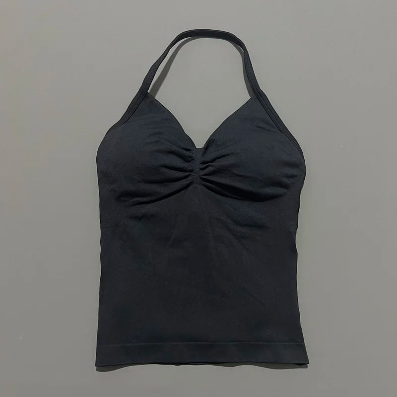 HISTELLO GYM Longline Strappy Top Women Seamless Yoga Clothing With Removable Pads V Neck Open Back Bra Workout Sports Halter