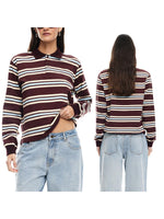 Women's Fall Striped Print T-Shirt Contrast Color Long Sleeve Lapel Neck Button-up Casual Pullover Tops