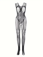 Sheer Floral Jacquard Fishnet Bodysuit - High Stretch, Open Chest, Women's Sexy Lingerie Crotchless Bodystockings Erotic Outfits