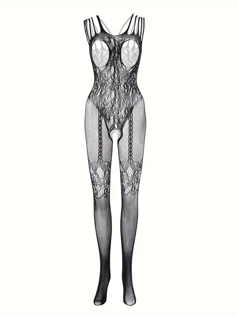 Sheer Floral Jacquard Fishnet Bodysuits - High Stretch, Open Chest, Women Sexy Lingerie Crotchless Bodystockings Babydoll Dress