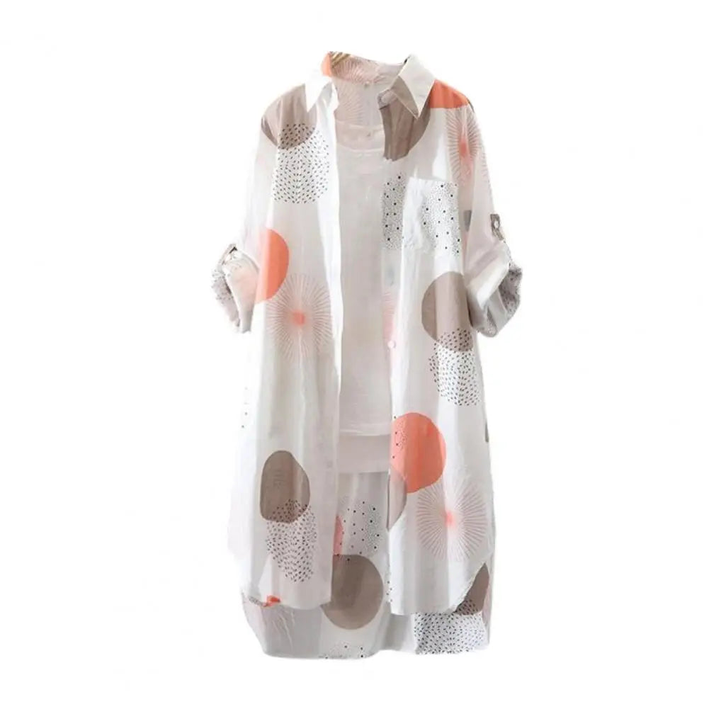 Spring Autumn Women Shirt Long Sleeve Fashion Print Sunscreen Shirts Lapel Long Coat Irregular Hem Anti Sun Women’s blouse