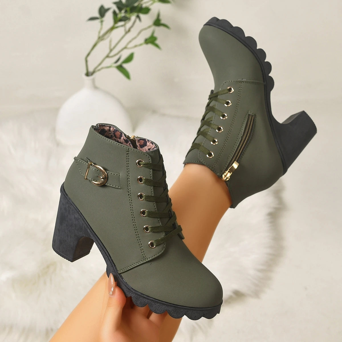 Women Lace‑Up Ankle Boots Metal Buckle Decor Side Zipper Chunky Block Heel Lug Sole Combat Short Booties Fall Winter Large Size
