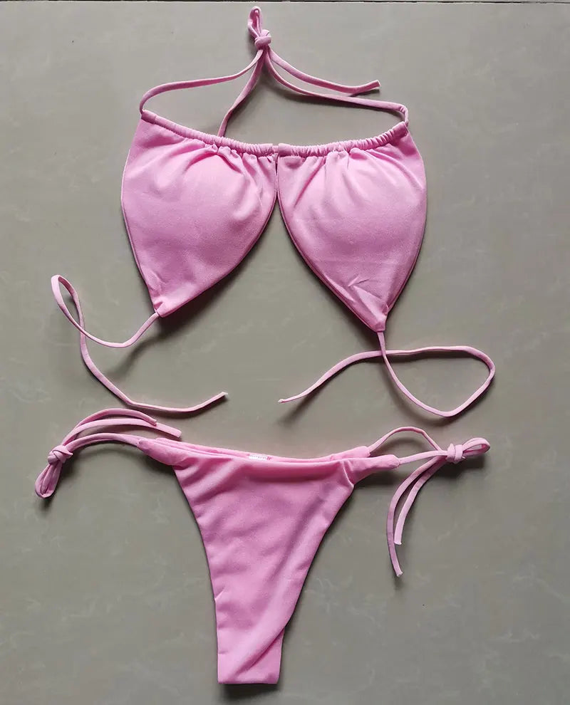 Summer Sexy Bikini set Push-up padded Bra Thong Split Swimwear Female Bandage Bathing Suit Adjustable Lacing Swimsuit Solid