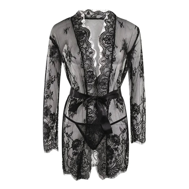 Women Sexy Lingerie Erotic Transparent V-Neck Nightwear Babydoll Robe G-string Costume Kimono Robe Lace Sleepwear Dress