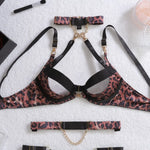 2025 Metal Chain Sexy Wild Leopard Pattern Hollow Cross Heavy Craftsmanship Body Shaping Sexy Underwear Five Piece Set
