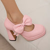 Plus Size Women's Bow Mary Janes Platform Chunky Heels Ankle Strap High Heel Pumps Sweet Lolita Party Dress Shoes