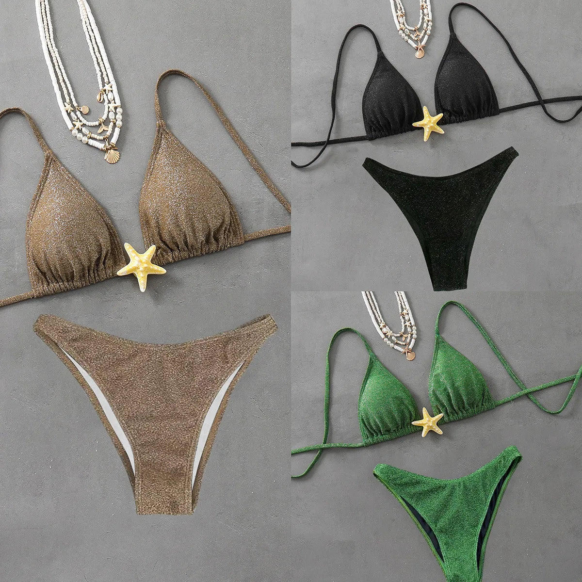 Sexy Metal Starfish Designer Bikini Set 2025 Women Shiny Green Black Push Up Micro Swimsuit Beach Bathing Suit Thong Swimwear
