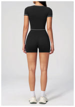 Speed Drying Tight Yoga Sets Women Color Contrast Short Sleeve Slim Sports Top High Waist Leggings Running Fitness Athletic Wear