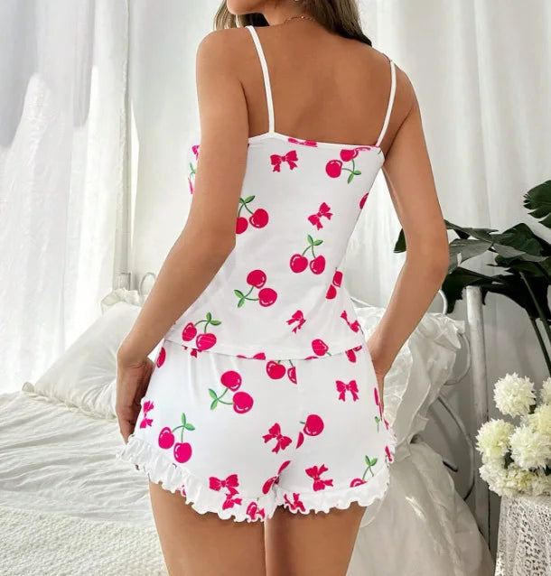 Women Sleepwear Summer Pajamas Set Breathable Soft Casual Cherry Print Straps Cami Tops and Shorts Set Homewear Loungewear