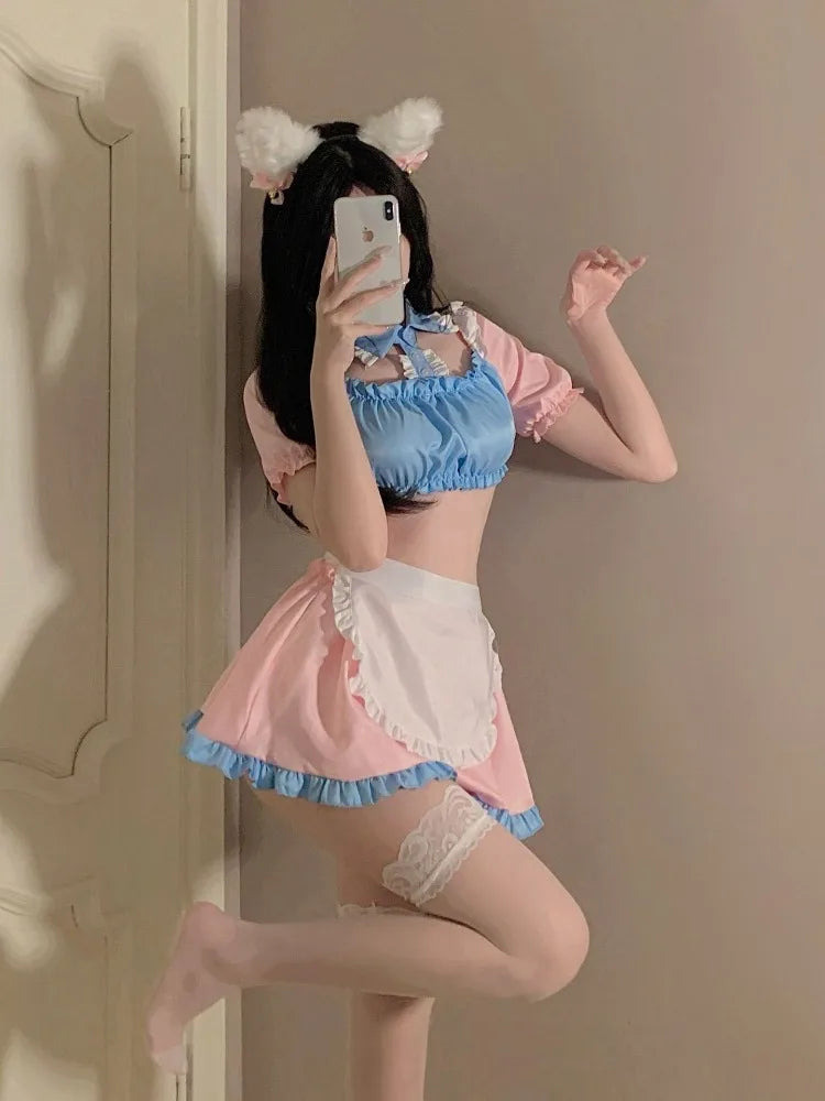 Pink Nurse Lingeries Cosplay Costume Lace Trim Hollow Out Dress with Hat Erotic Role Play Outfits for Women Halloween Nightwear