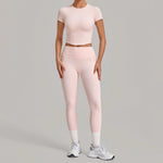 Women's Seamless Yoga Sets Sports Fitness Hip-lifting High Waist Pants Slim Fit Short-sleeve Suits Workout Running Training Sets