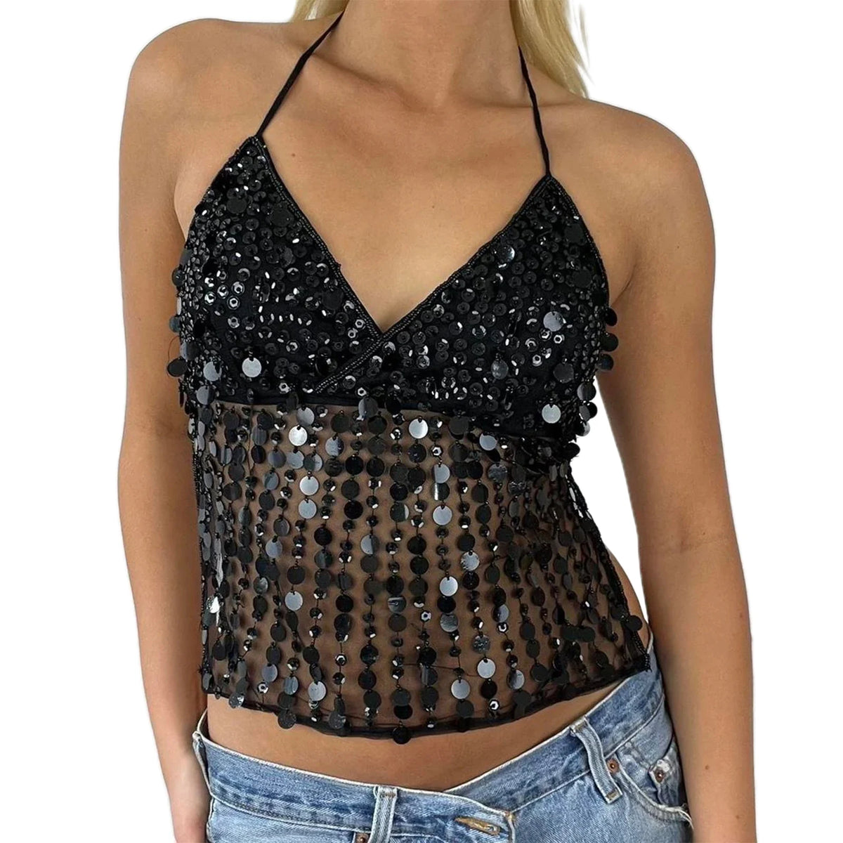 Women's Halter Neck Vest Summer Sleeveless Open Back Slim Fit Tie Up Sequins Tank Tops