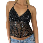 Women's Halter Neck Vest Summer Sleeveless Open Back Slim Fit Tie Up Sequins Tank Tops