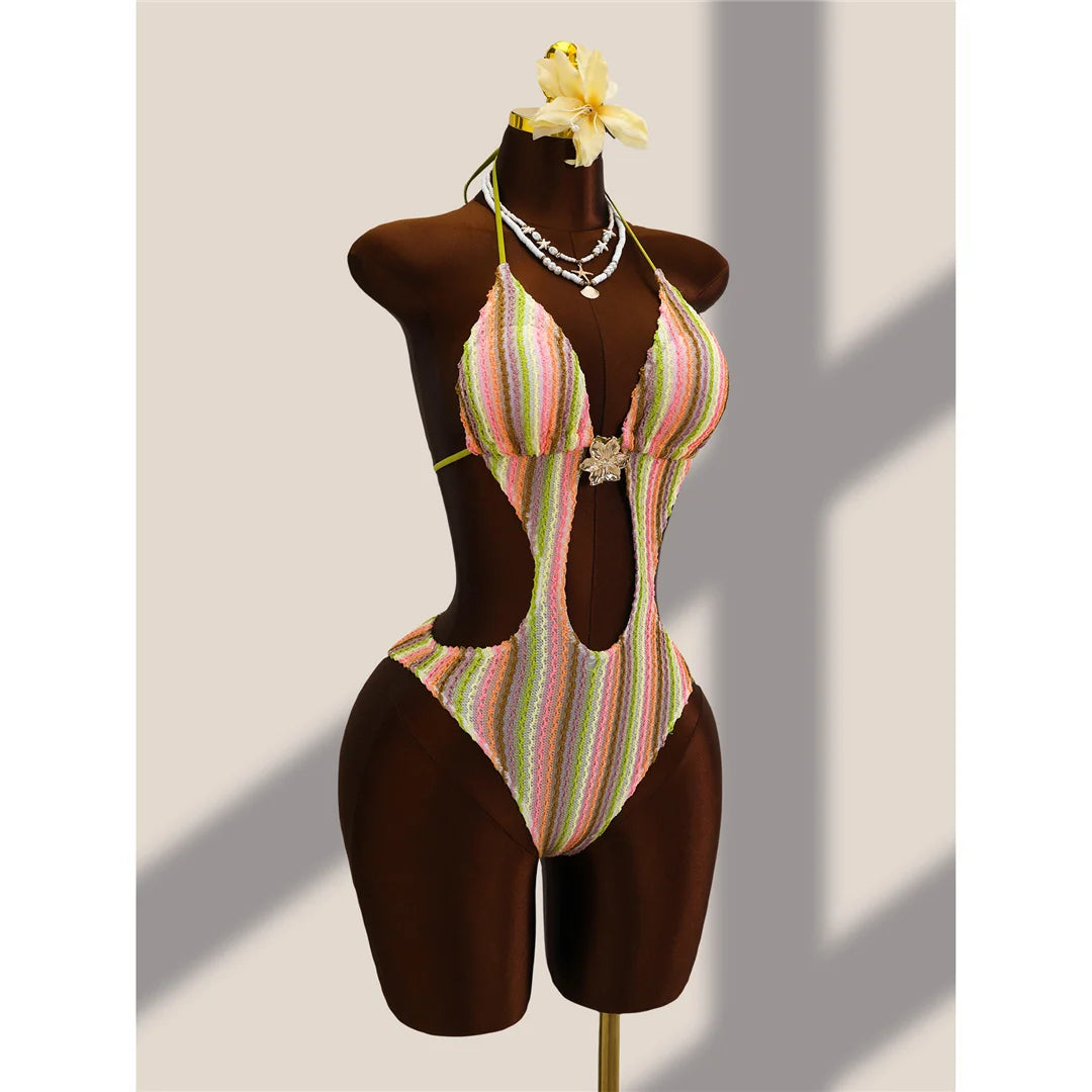 Striped Colorful Halter Cut Out One Piece Swimsuit Women Swimwear Female Monokini High Leg Cut Bather Bathing Suit Swim V8304