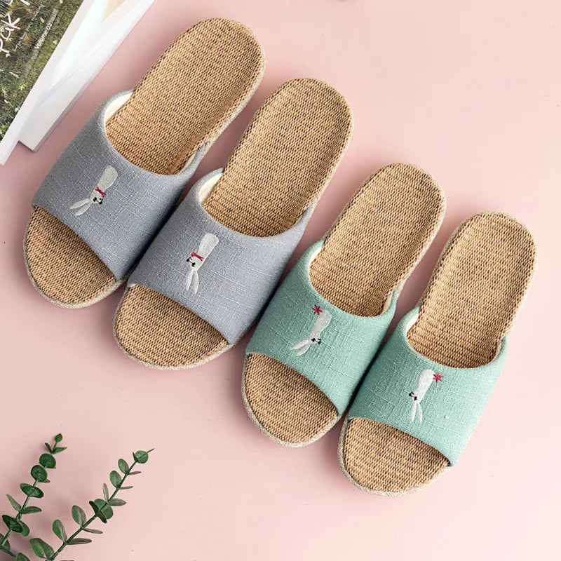 Breathable Cotton Flax Slippers For Women Men Indoor Shoes Anti-slip Light Weight Cute Cartoon Couples Home Floor Slides