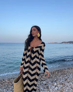 Knitted Dress Leace-up Vestido Dresses 2025 Woman Beach Hollow Out Slim Vacation Beachwear Temperament Long Sleeves Holiday Sexy