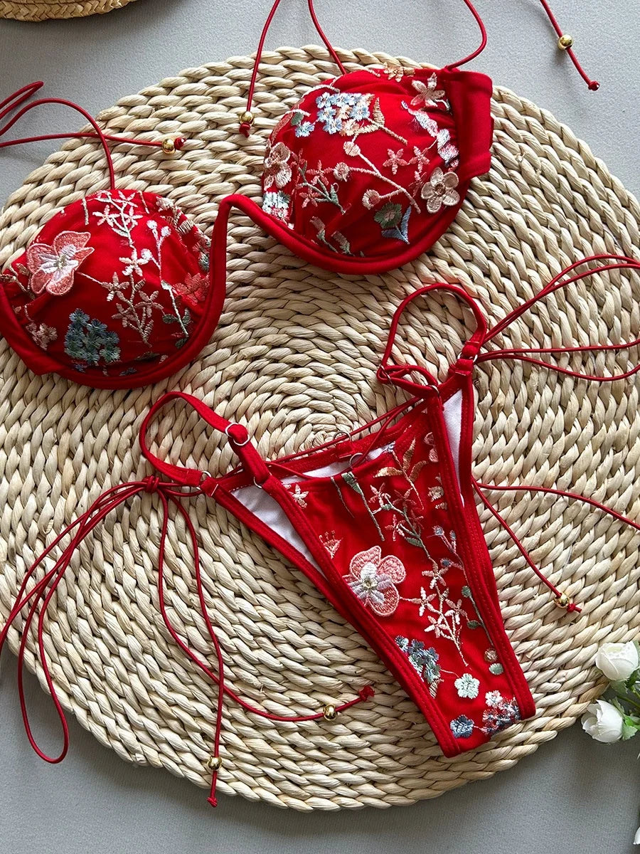 Sexy Pink Flower Embroidery Print Swimsuit Women 2025 Sexy Underwire Drawstring Bikini Set Summer Beach Bathing Suit Swimwear