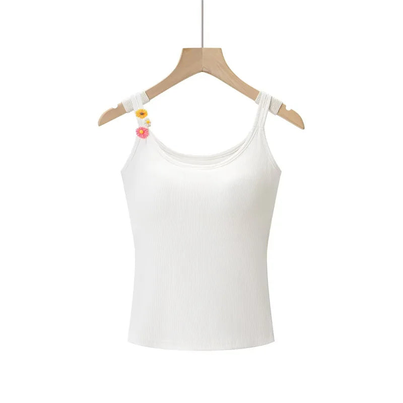 Fashion Solid Color Thin Strap Floral Chest Pad Women White Ribbed Top With Sleeveless Slim Fit Casual Summer Top Charming 3N4J