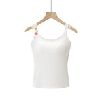 Fashion Solid Color Thin Strap Floral Chest Pad Women White Ribbed Top With Sleeveless Slim Fit Casual Summer Top Charming 3N4J