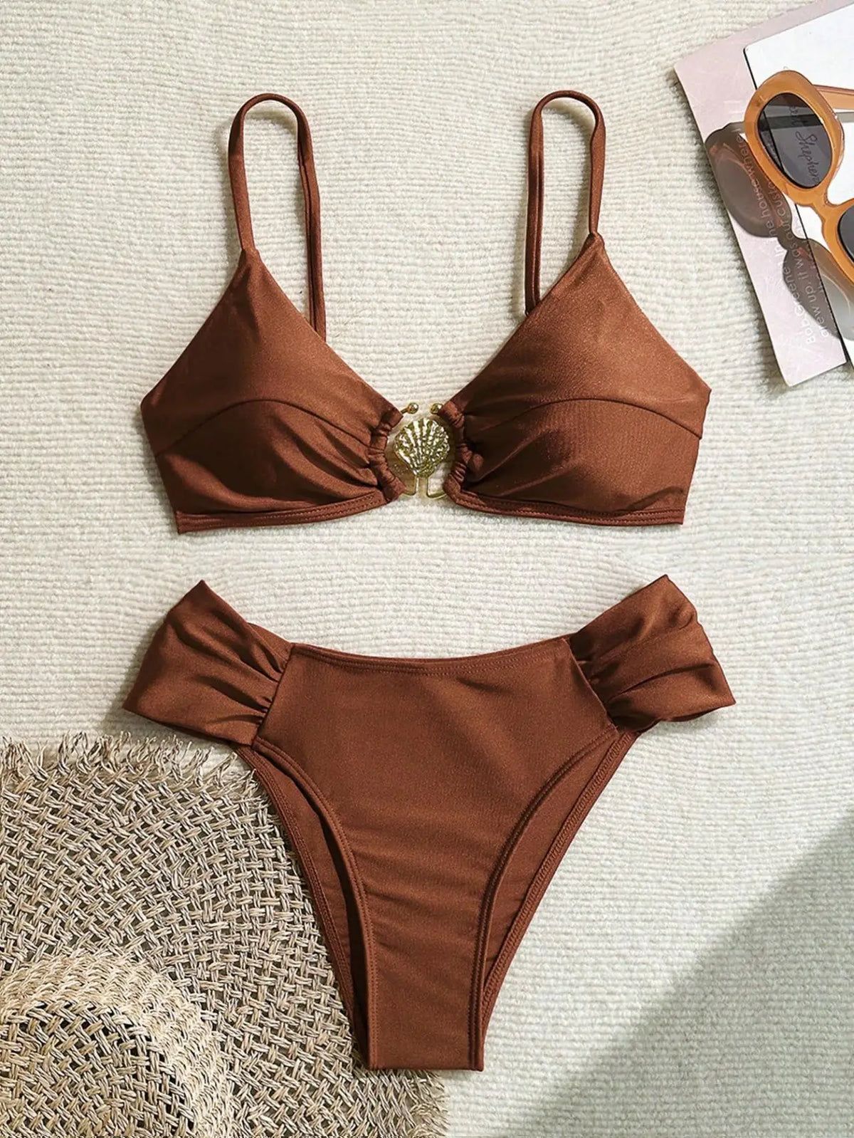 Sexy Pleate High Waist Bikini Set 2026 Women Orange Metal Buckle Push Up Two Piece Swimsuit Beach Bathing Suit Holiday Swimwear