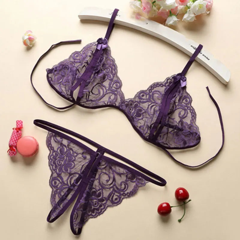 Women Sexy Lace-up Lingerie Set Transparent Lace Underwear G-string Bandage Bikini Three-point Set Erotic Delicate Bra Outfit