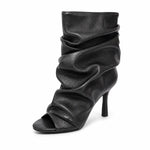 Black Soft Leather Peep Toe Pleated Mid-calf Boots Fashion Women 5 CM Thin Heels Solid Booties High Heel Boots Shoes Lady