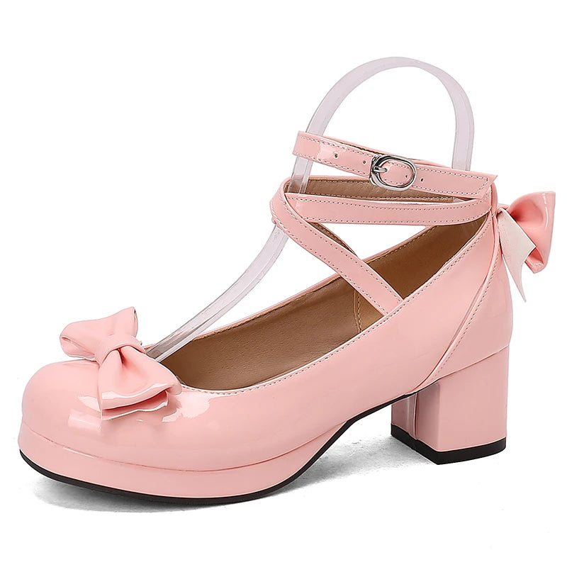 Big Size 50 Sweet Purple Mary Janes Pumps Cute Blue Bow Knot Block Heels Shoes Women White Lovely Lolita Pink y2k Platform Shoes