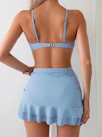 Women's Sky Blue Three Piece Swimsuit Solid Color V-neck Underwire Bikini Set Beach Vacation Suspender Backless Swimwear 2026