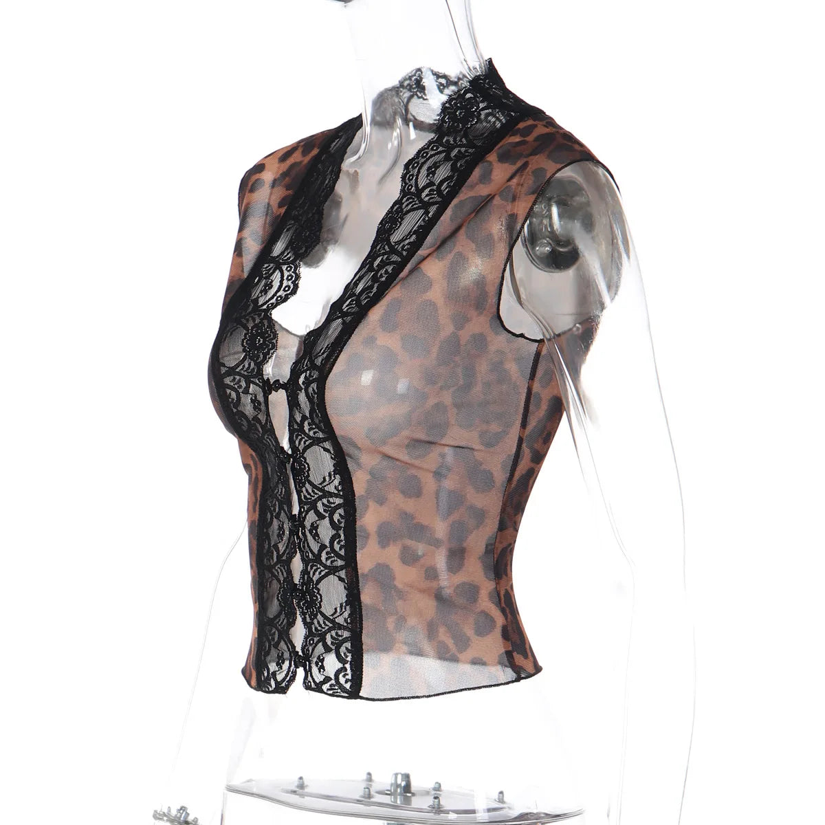 FDYOUI Women's Deep V-neck Lace Patchwork Mesh T-shirts 2026 Summer Sexy Sleeveless Buttons Leopard Tops Tee Shirt Streetwear